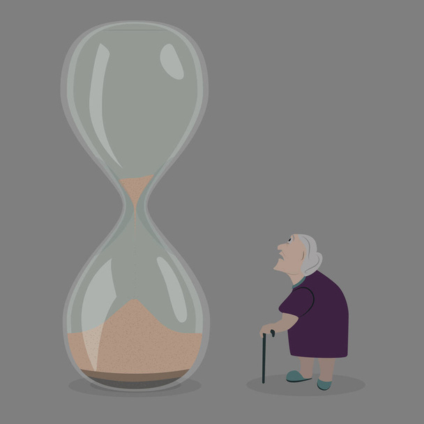 時間だ。悲しみと恐怖を持つ高齢女性は、彼女の人生を表す砂時計を見て - ベクター画像