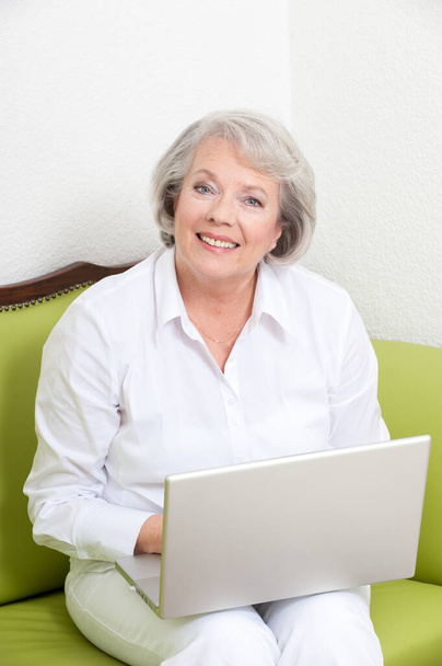 Mature woman sitting on sofa with laptop - 写真・画像