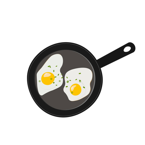 Fried eggs seasoned with green onions in pan, vector illustration. - Διάνυσμα, εικόνα