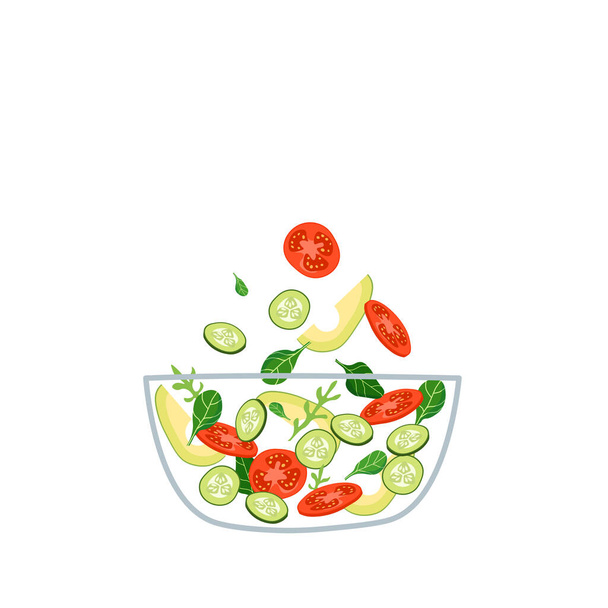 Insalata di verdure fresche con basilico verde e foglie di rucola in ciotola trasparente, illustrazione vettoriale. - Vettoriali, immagini