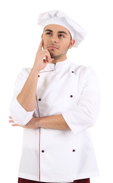 Professional chef in white uniform and hat, isolated on white - Fotoğraf, Görsel