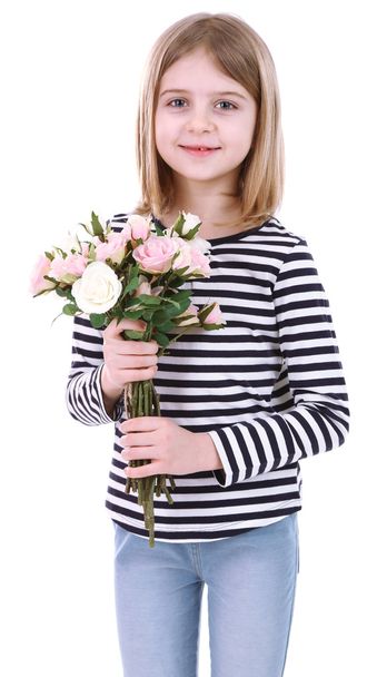 Beautiful little girl holding bouquet isolated on white - Fotografie, Obrázek