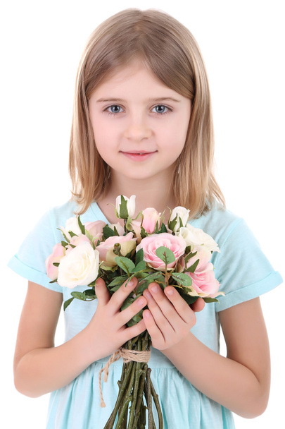 Beautiful little girl holding bouquet isolated on white - Foto, Bild