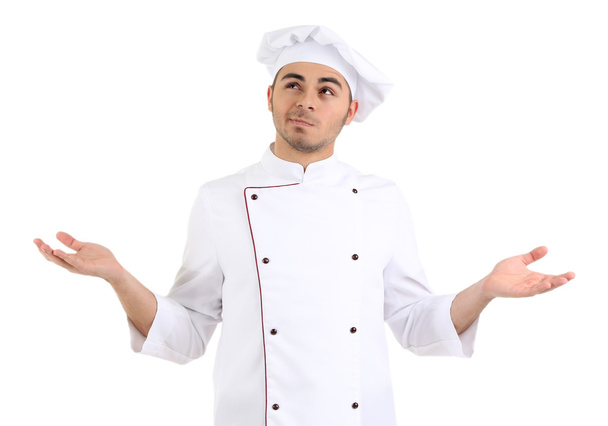Professional chef in white uniform and hat, isolated on white - Valokuva, kuva