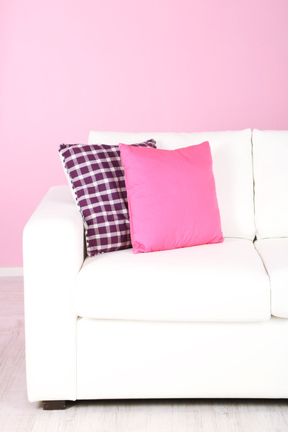 White sofa close-up in room on pink background - Photo, Image