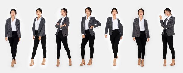 Different pose of same Asian woman full body portrait set on white background wearing formal business suit in studio collection . - Photo, Image