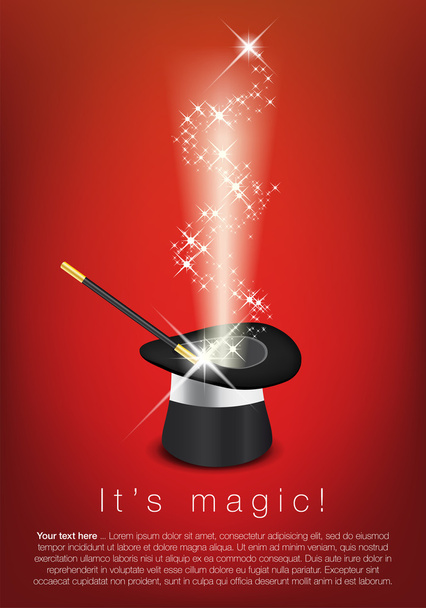 Zauberhut, Zauberstab und glänzende Sterne - Platz für Ihren Text - Vektor, Bild