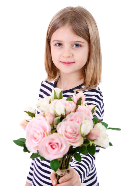 Beautiful little girl holding bouquet isolated on white - Zdjęcie, obraz