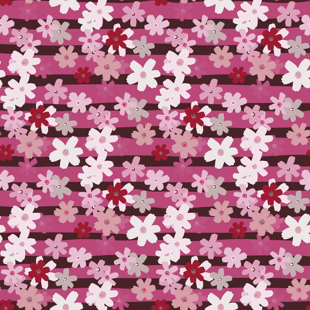 Helder multicolor naadloos patroon met kamille vormen. Roze achtergrond met check. Eenvoudige bloemen achtergrond. Ontworpen voor behang, textiel, inpakpapier, stofprint. Vectorillustratie. - Vector, afbeelding