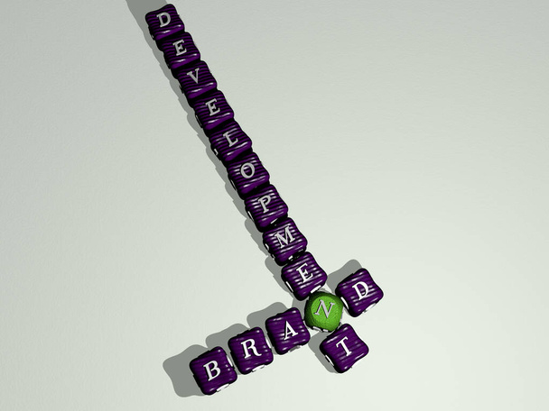 Markenentwicklung Kreuzworträtsel aus bunten kubischen Buchstaben. 3D-Illustration. Logo und Design - Foto, Bild