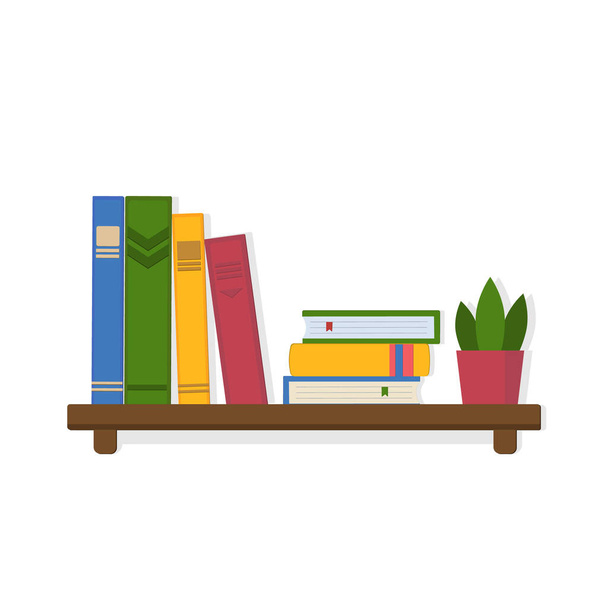 book composition and potted flower on the shelf, color vector illustration in flat style, clipart, design, decoration, icon, sign, sketch, banner, logo - Vector, Image