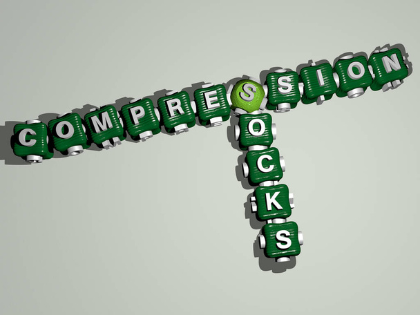 COMPRESSION SOCKS кроссворд из красочных кубических букв. 3D иллюстрация. происхождение и уход - Фото, изображение