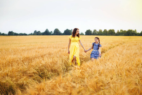Happy family: a young beautiful pregnant woman with her little cute daughter walking in the wheat orange field on a sunny summer day. Parents and kids relationship. Nature in the country. - Foto, Imagen