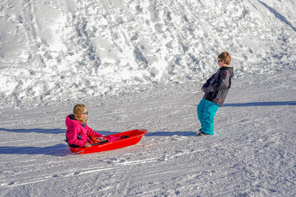 Broer trekt zijn zus kinderen slee sneeuw. Klein meisje en jongen genieten van slee ritje. Kindersleeën. Kinderen spelen buiten in de sneeuw. - Foto, afbeelding