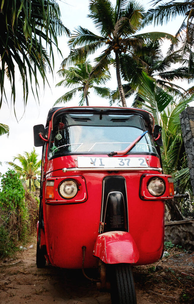 Red bright tuk tuk on a background of palm trees. Southeast Asia travel, traditional transport in Sri Lanka - Fotó, kép