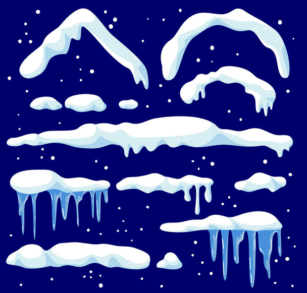Снігові ковпачки набір іконок, сніжки та снігоходи. Зимові снігові прикраси, елементи дизайну. Рама даху та ящірки
. - Вектор, зображення
