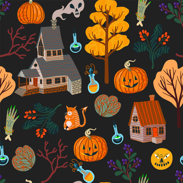 Seamless pattern with Halloween scary elements. Vector cartoon flat illustration. - Vecteur, image