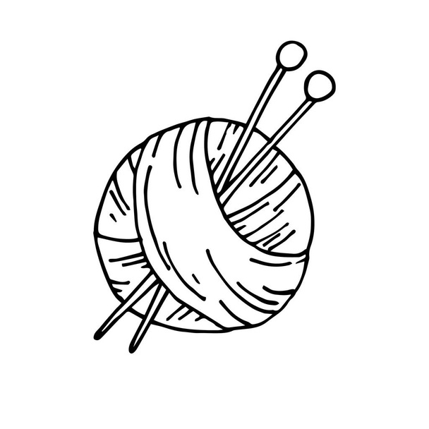 vectorillustratie in doodle stijl. een draadje voor brei- en breinaalden. schattig icoon van bal van wol en breinaalden, symbool van breien, hobby, gemaakt door handen. - Vector, afbeelding