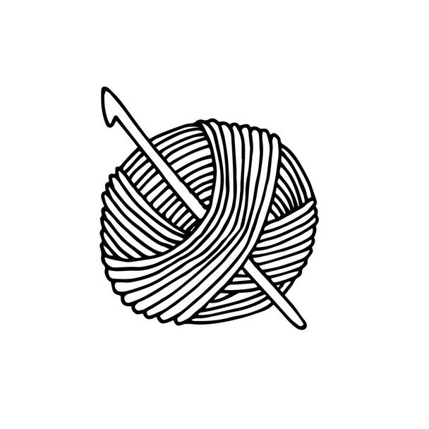 vektori piirustus tyyliin doodle. lankakasa neulomiseen ja virkkauskoukku. yksinkertainen piirustus lankakerästä virkkausta varten. symboli käsintehty, kotitehtäviä, harrastus. Rakastan neulomista.. - Vektori, kuva