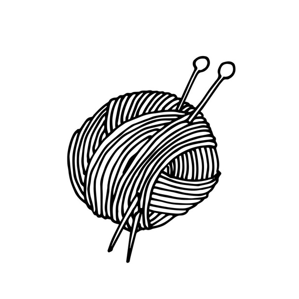 ilustración vectorial en estilo doodle. una madeja de hilo para tejer y tejer agujas. lindo icono de bola de lana y agujas de punto, símbolo de punto, pasatiempo, hecho a mano. - Vector, Imagen