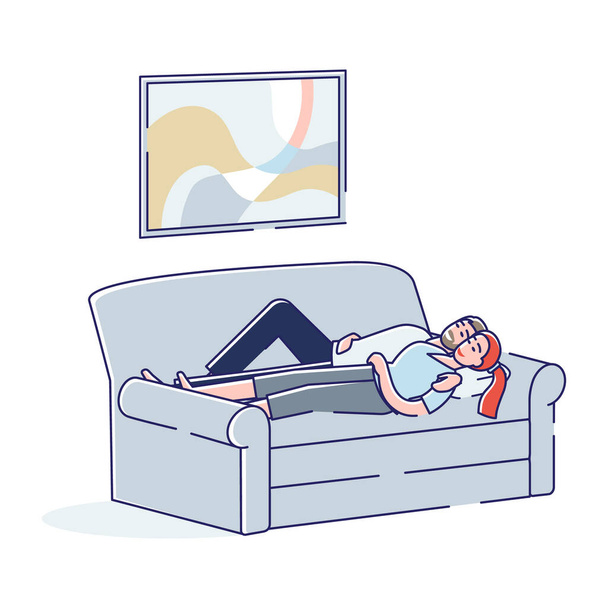 Couple sleeping on couch in living room. Man and woman lying embrace on sofa napping - Vector, Image