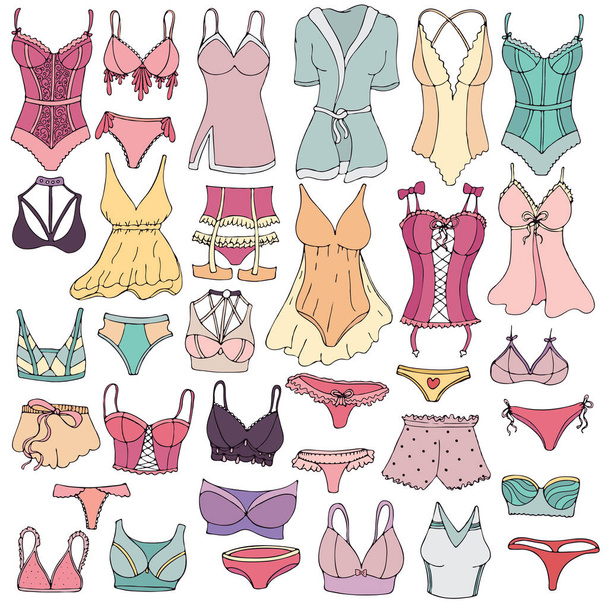sexy underwear for woman - bra, underpants, set, peignoir, colors vector set of elements in doodle style with black outline - Vector, Image
