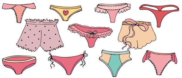 sous-vêtements sexy pour femme - culottes, couleurs ensemble vectoriel d'éléments de style doodle avec contour noir - Vecteur, image