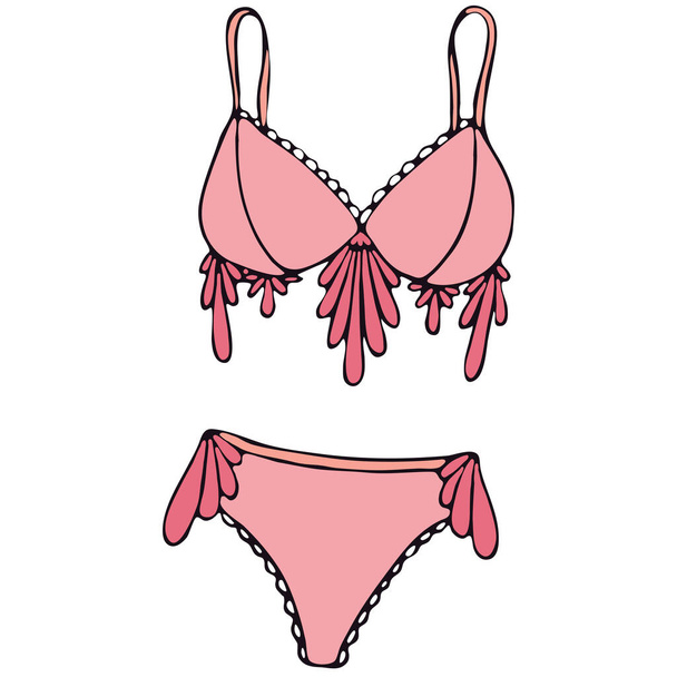 set of female sexy underwear - body, pink vector elements in doodle style with black outline - Vector, Image