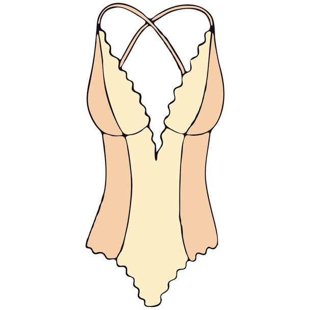 set of female sexy underwear - one-piece swimsuit, beige, nude vector elements in doodle style with black outline - ベクター画像