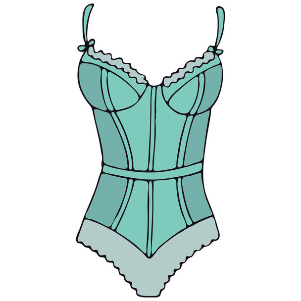 set of female sexy underwear - bra and panties, blue vector elements in doodle style with black outline - Διάνυσμα, εικόνα