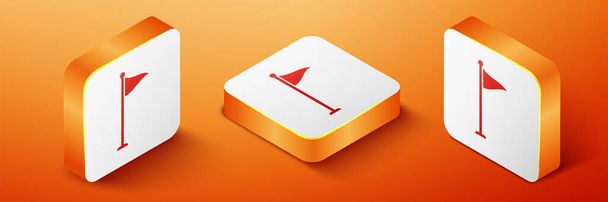 Isométrique icône drapeau Golf isolé sur fond orange. Équipement ou accessoire de golf. Bouton carré orange. Vecteur. - Vecteur, image