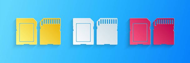 Corte de papel icono de la tarjeta SD aislado sobre fondo azul. Tarjeta de memoria. Icono del adaptador. Estilo de arte de papel. Vector. - Vector, Imagen