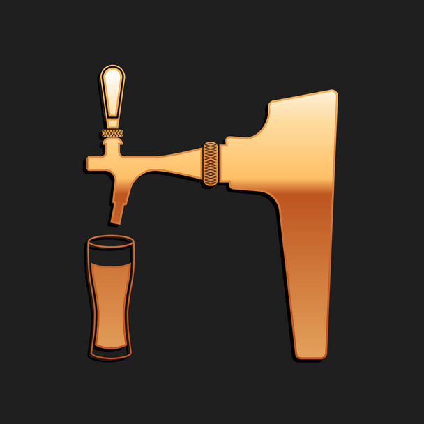 Robinet de bière en or avec icône en verre isolée sur fond noir. Style ombre longue. Vecteur. - Vecteur, image