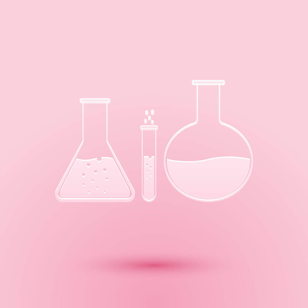 紙カット試験管とフラスコ-ピンクの背景に隔離された化学実験室の試験アイコン。研究室のガラス製品のサイン。紙のアートスタイル。ベクトル. - ベクター画像