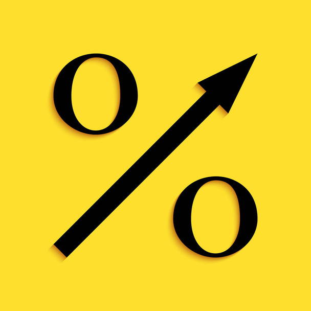 Black Percent up arrow icon isolated on yellow background. Increasing percentage sign. Long shadow style. Vector. - Vector, Image