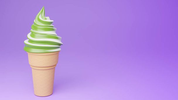 Soft serveer ijs van groene thee en melk smaken op krokante kegel op paarse achtergrond., 3d model en illustratie. - Foto, afbeelding