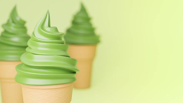 Мягкий подавать мороженое зеленого чая вкусов на хрустящий конус на зеленом фоне., 3D модели и иллюстрации. - Фото, изображение