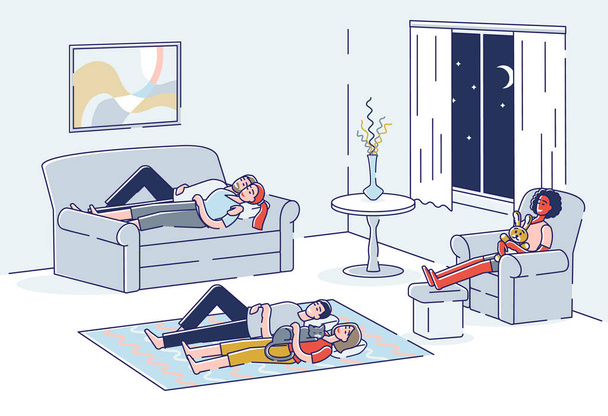 Gente durmiendo en la sala. Grupo de dibujos animados durmiendo en sofá, en sillón y en el suelo - Vector, Imagen