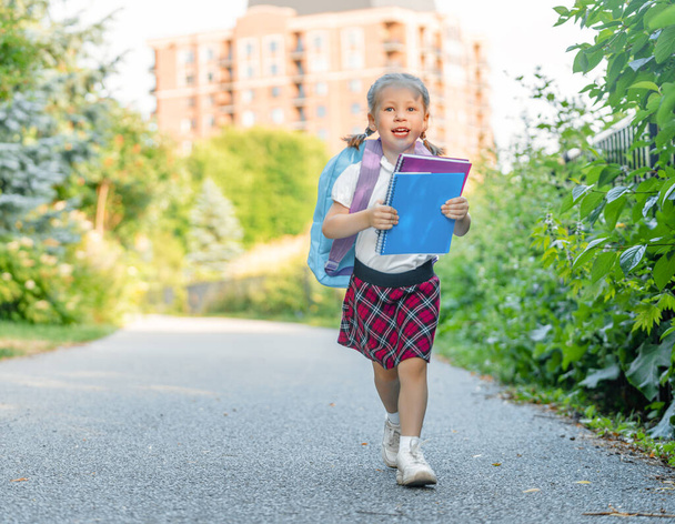 Pupil of primary school with book in hand. Girl with backpack near building outdoors. Beginning of lessons. First day of fall. - Fotografie, Obrázek