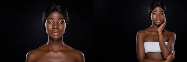 Collage afrikanisch-amerikanischer nackter Frau isoliert auf schwarzer, panoramischer Aufnahme - Foto, Bild