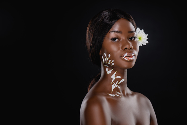 mujer afroamericana desnuda con crisantemo blanco en el pelo y pétalos en el cuello y los labios aislados en negro - Foto, Imagen