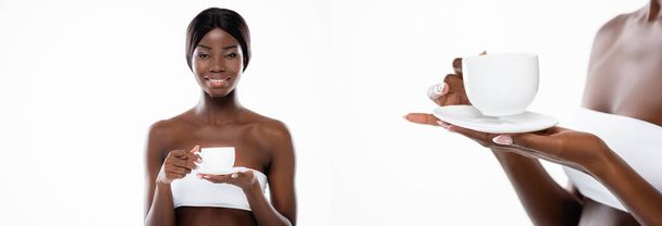 Beyaz panoramik kareye izole edilmiş bir fincan kahveli Afro-Amerikan kadın kolajı. - Fotoğraf, Görsel