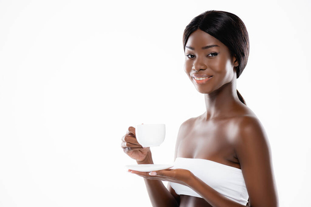 african american woman with cup of coffee isolated on white - Photo, image