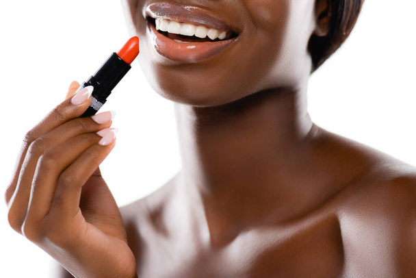 cropped view of naked african american woman with lipstick isolated on white - Φωτογραφία, εικόνα