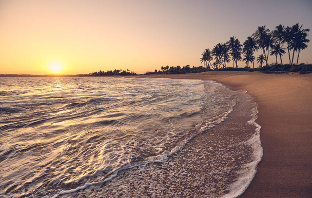 Playa tropical al atardecer con sol reflejado en el agua, tonificación de color aplicada. - Foto, imagen