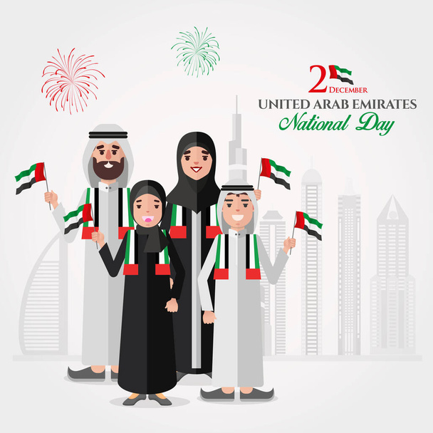 ευχετήρια κάρτα της Εθνικής ΗΑΕ. Η οικογένεια Cartoon Emirati κρατά την εθνική σημαία των Ηνωμένων Αραβικών Εμιράτων για τον εορτασμό της εθνικής ημέρας. εικονογράφηση διανύσματος για πανό, φυλλάδιο και αφίσα - Διάνυσμα, εικόνα