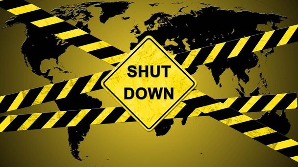 Lettrage SHUT DOWN sur un panneau d'avertissement avec bandes d'avertissement rayées en noir et jaune contre une carte du monde noire - Illustration 3D - Photo, image