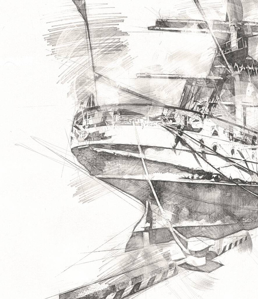 Antik hajó tenger motívum rajz kézzel készített illusztráció művészet évjárat rajz - Fotó, kép