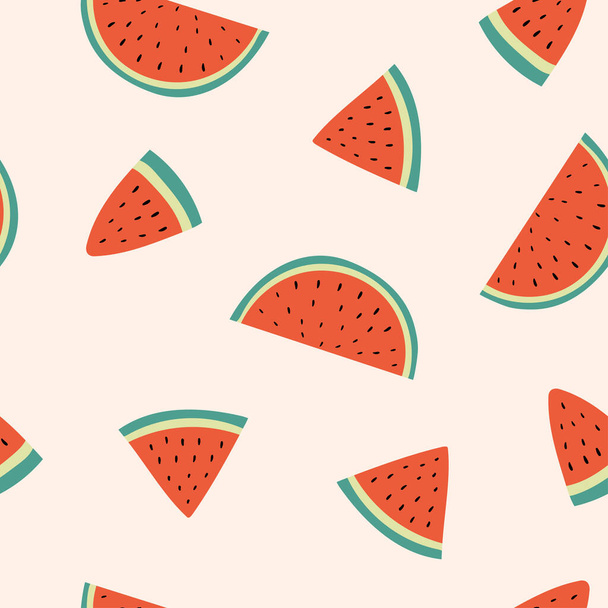 Vector seamless pattern with abstract watermelons on a beige background. Pattern with fruit. Summer pattern. Vector fruit illustration.Natural seamless texture. For wallpaper, textiles, fabric, paper. - Wektor, obraz