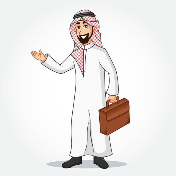 Arabský podnikatel karikatura Postava v tradičním oblečení Držení kufříku s uvítací ruce izolované na bílém pozadí - Vektor, obrázek